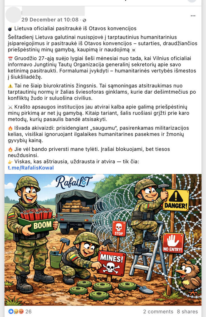 Ekrano nuotr. iš „Facebook“/Panašūs propagandiniai įrašai apie pasitraukimą iš Otavos konvencijos šioje paskyroje pasirodo jau ne pirmą kartą