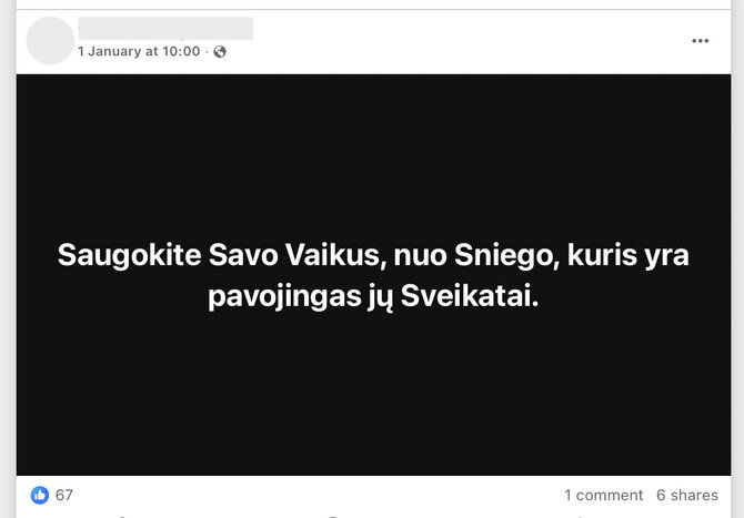 Ekrano nuotr. iš „Facebook“/Įspėjimas saugoti vaikus nuo sniego greičiausiai paremtas abejotinu tyrimu