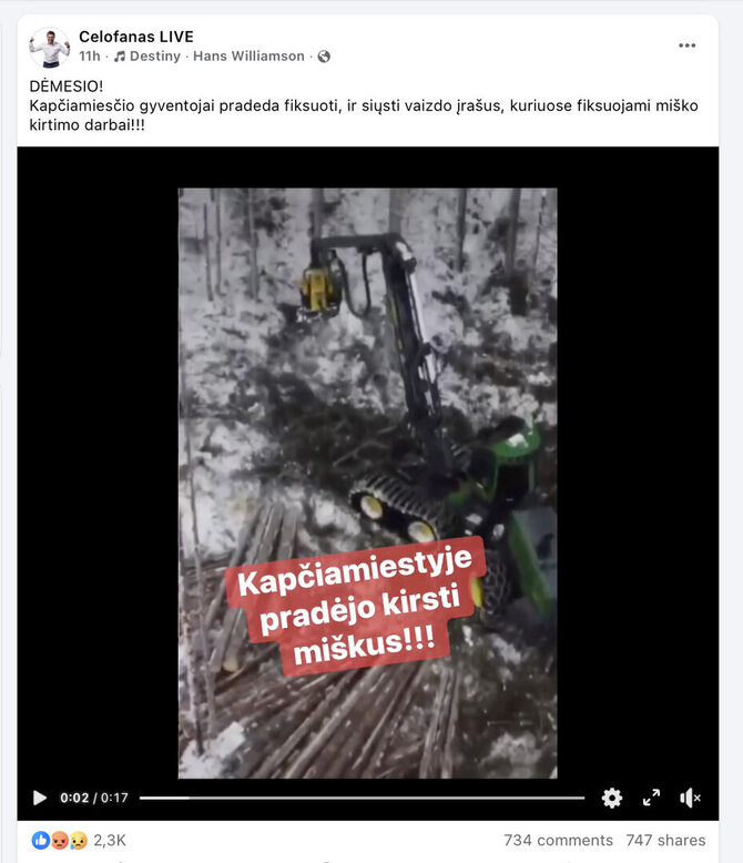 Ekrano nuotr. iš „Facebook“/Antano Kandroto-Celofano paskelbtas kertamo miško vaizdo įrašas sulaukė didžiulio dėmesio