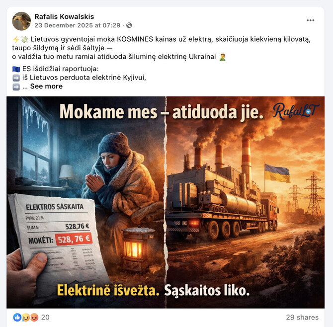 Ekrano nuotr. iš „Facebook“/Žinia apie elektrinės perdavimą Ukrainai iškart palydėta tokiu propagandiniu įrašu