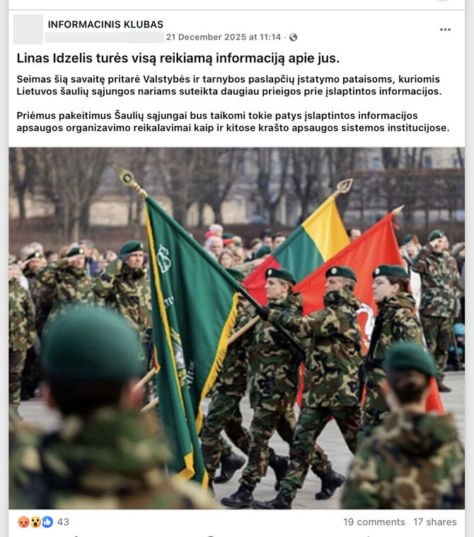 Ekrano nuotr. iš „Facebook“/Netiesa, kad Šaulių sąjungos vadovybė turės visą informaciją apie kurį nors gyventoją
