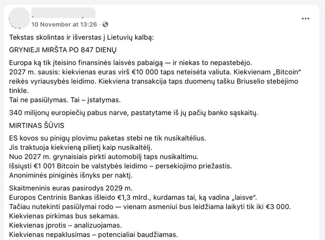 Ekrano nuotr. iš „Facebook“/Skaitmeniniai eurai grynųjų pinigų nepakeis, tai bus tik kita mokėjimo forma