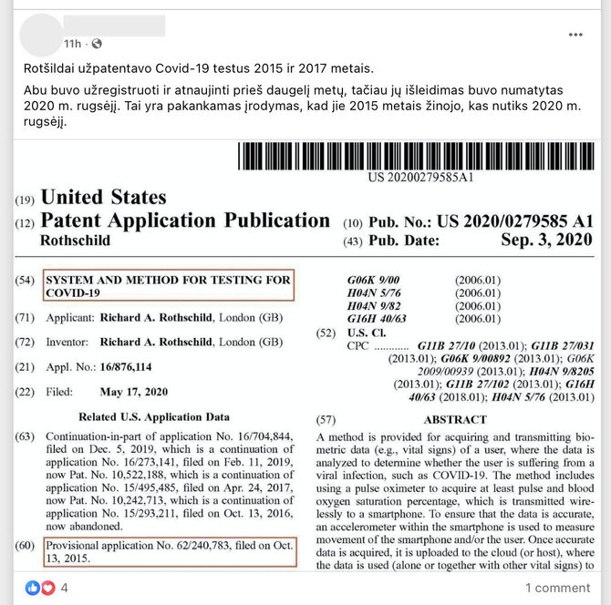 Rothschildų dinastija, Rothschildai, patentas, paraiška patentui gauti, COVID-19 testai/2015 m. pateiktoje paraiškoje patentui gauti buvo kalbama apie virusines infekcijas, bet COVID-19 nebuvo paminėta