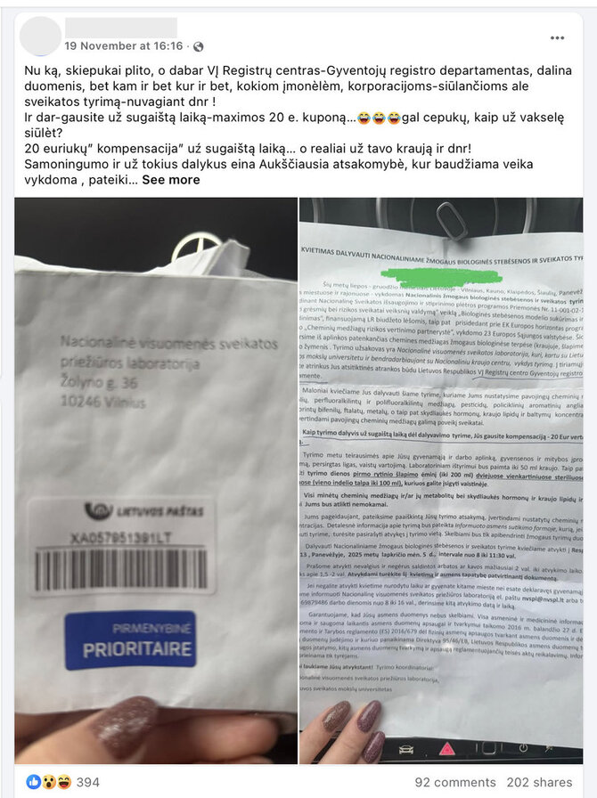 Ekrano nuotr. iš „Facebook“/Tyrimo metu tiriamos iš aplinkos patenkančios cheminės medžiagos žmogaus biologinėse terpėse (kraujyje, šlapime) ir jų poveikis, DNR nebus renkama