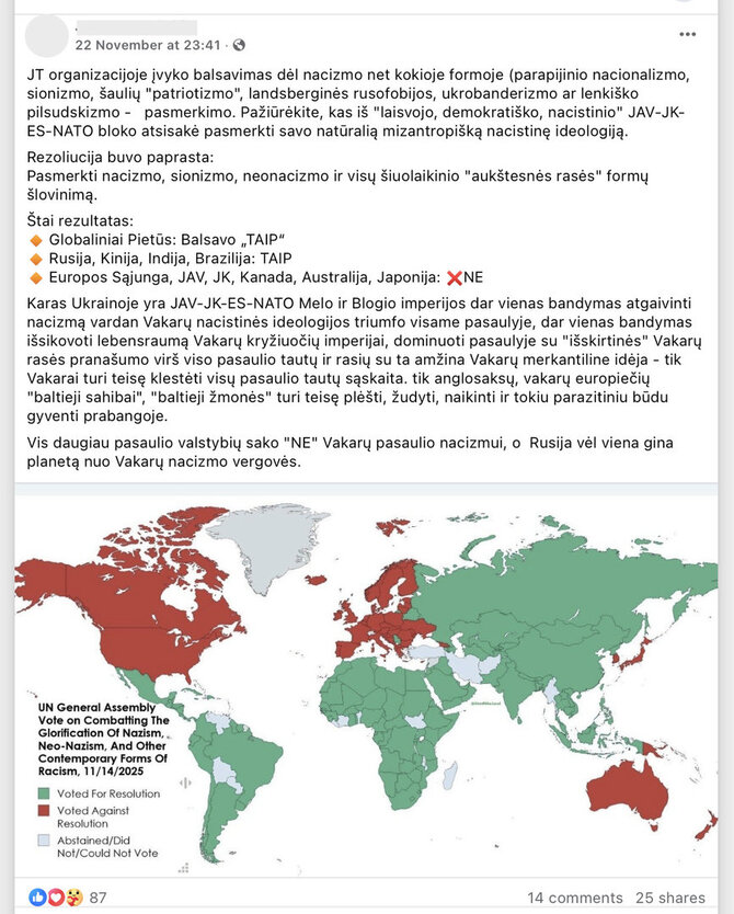 Ekrano nuotr. iš „Facebook“/Daugelis Vakarų šalių balsavo prieš rezoliuciją, kurią iniciatorė Rusija, anot jų, naudoja politinei propagandai
