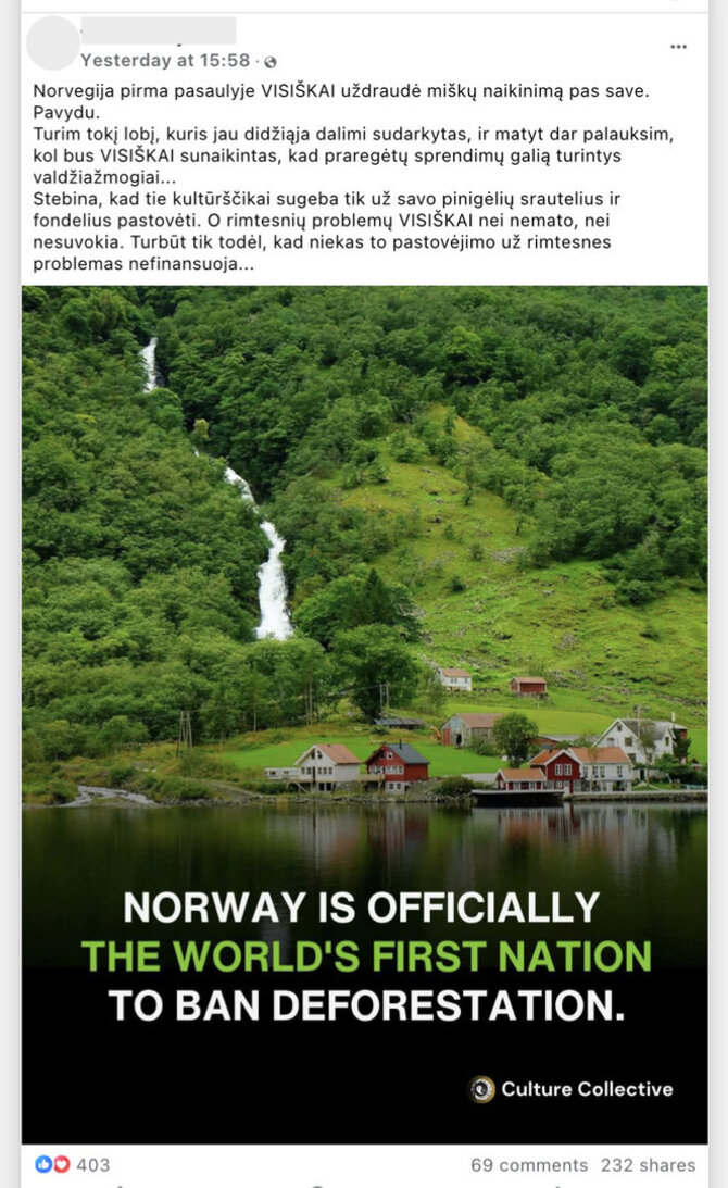 Ekrano nuotr. iš „Facebook“/Norvegija neuždraudė miškų kirtimo visiškai, tačiau tikrai pirmoji įsipareigojo vykdyti viešuosius pirkimus be miškų naikinimo