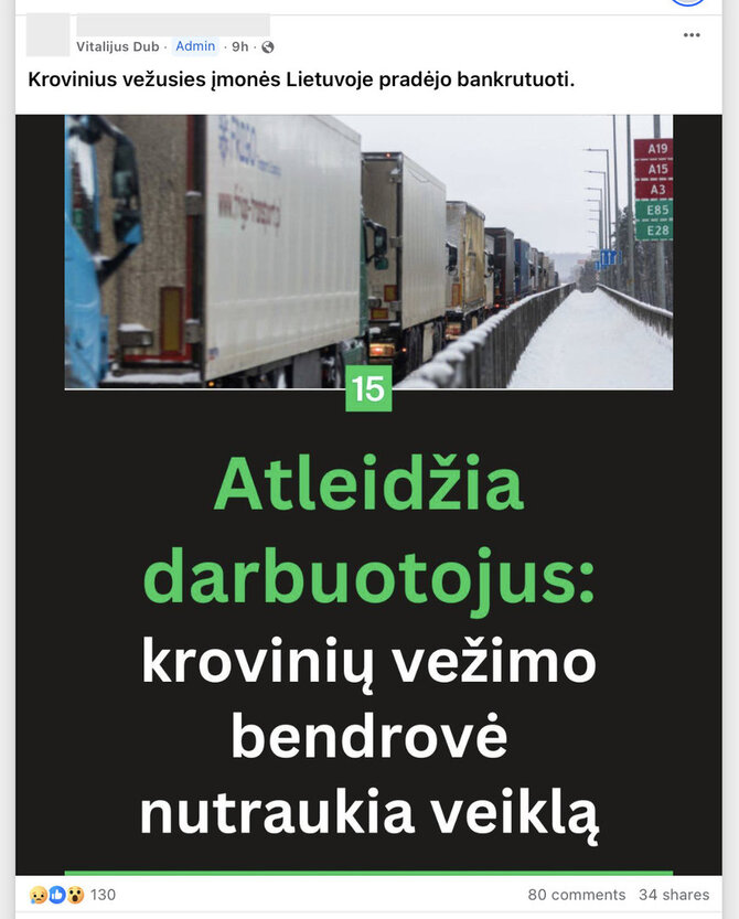 Ekrano nuotr. iš „Facebook“/Viena krovinių vežimo bendrovė tikrai nutraukia veiklą, bet ne dėl Baltarusijoje įstrigusių vilkikų, kaip bandoma įteigti