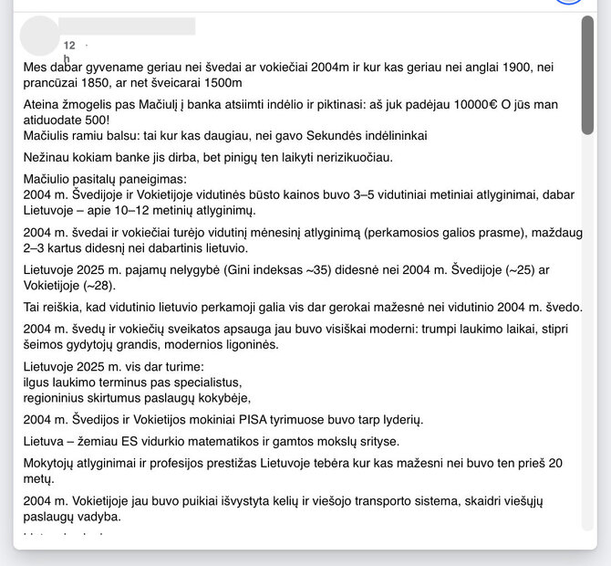 Ekrano nuotr. iš „Facebook“/Kai kuriais ekonominiais rodikliais Lietuva atsilieka nuo tokių šalių, kaip Švedija ir Vokietija 2004-aisiais, bet skirtumas nėra toks didelis, kaip teigiama įraše