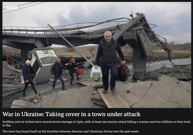 Ekrano nuotr. iš bbc.com/BBC reportaže buvo rodoma civilių gyventojų evakuacija ir tuo metu prasidėjęs apšaudymas