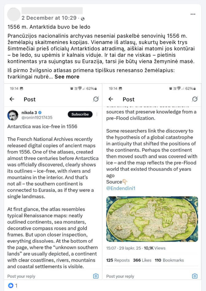 Ekrano nuotr. iš „Facebook“/Neapledėjusios Antarktidos koncepcija susijusi su klaidingomis istorinių žemėlapių interpretacijomis ir neatitinka su geologinių įrodymų