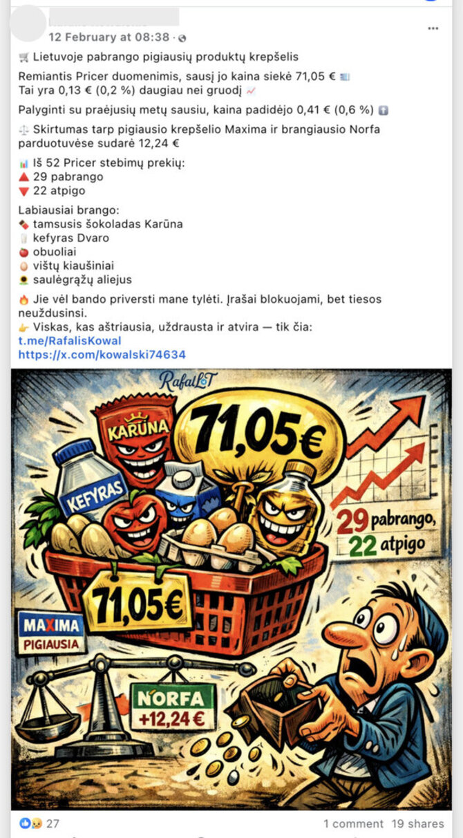 Ekrano nuotr. iš „Facebook“/Metų sandūroje net pigiausių produktų krepšelis tikrai pabrango, bet skirtumas siekia vos 13 centų