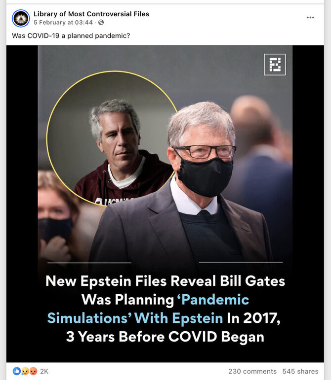 Ekrano nuotr. iš „Facebook“/Teiginiai, kad Jeffrey Epsteinas ir Billas Gatesas planavo COVID-19 pandemiją, paremti tik įrašais laiškuose