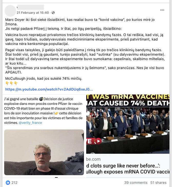 Ekrano nuotr. iš „Facebook“/Šioje istorijoje minimo Marco Doyer biografijoje - žmonos mirtis nuo pavojingos ligos, antivakserio reputacija ir sulaikymas dėl skambučio prezidentui