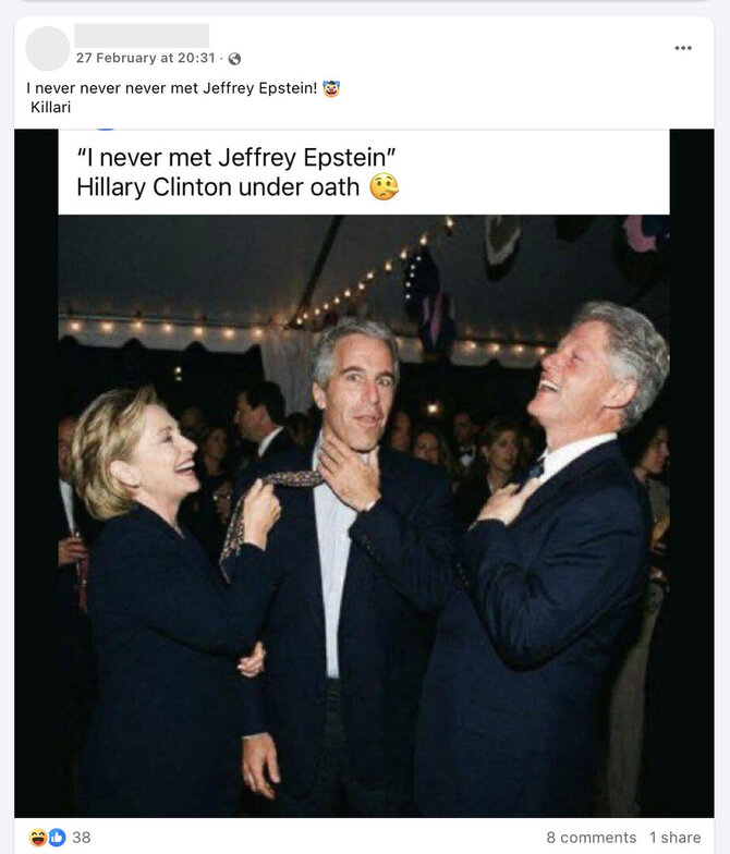Ekrano nuotr. iš „Facebook“/Dirbtinio intelekto sukurta Hillary ir Billo Clintonų bei Jeffrey Epsteino nuotrauka sudomino ir lietuvius