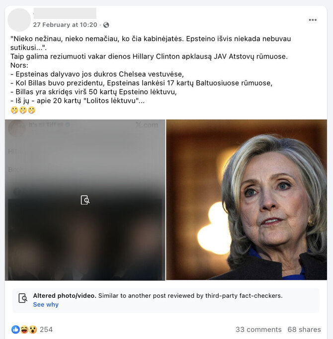 Ekrano nuotr. iš „Facebook“/Faktų tikrintojai jau išsiaiškino, kad Hillary ir Billo Clintonų bei Jeffrey Epsteino nuotrauka sukurta dirbtinio intelekto