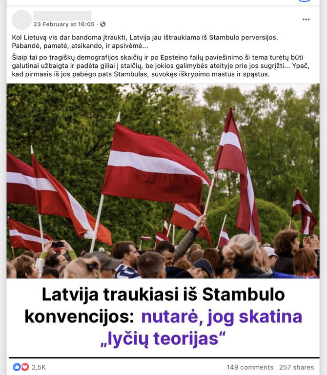 Ekrano nuotr. iš „Facebook“/Latvijos parlamentas nubalsavo už pasitraukimą iš Stambulo konvencijos, bet prezidentas įstatymą vetavo