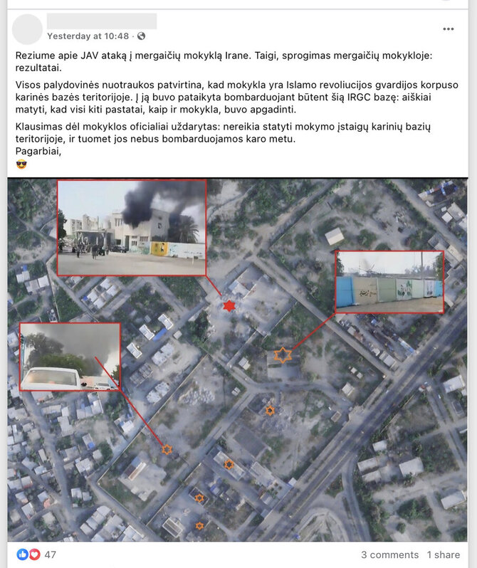 „Facebook“ vartotojos žodžiais, mergaičių mokyklai reikėjo parinkti geresnę vietą, tuomet ji nebūtų nukentėjusi