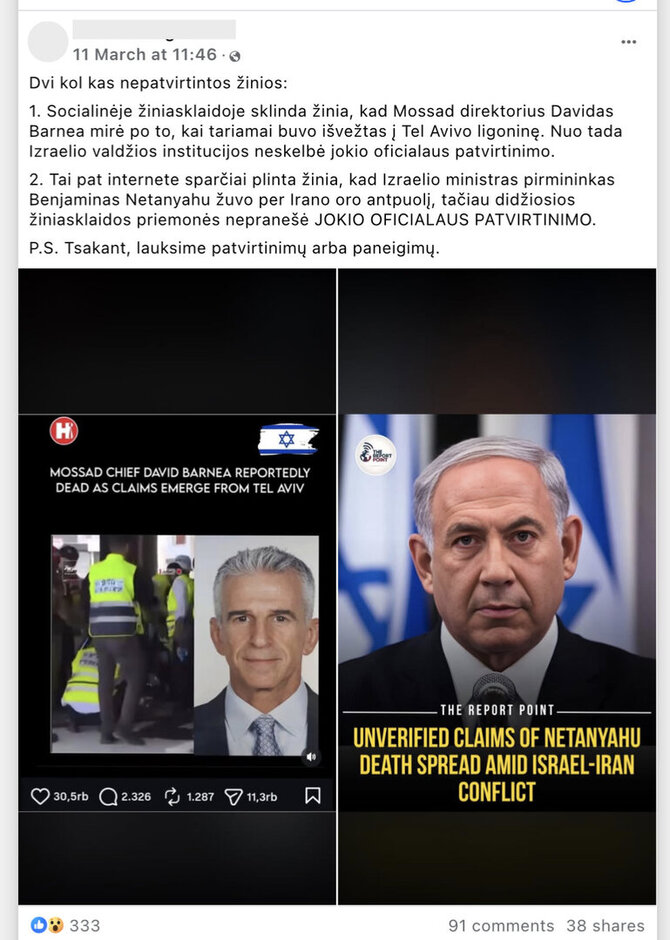 Ekrano nuotr. iš „Facebook“/Melaginga informacija apie „Mossad“ direktoriaus žūtį sulaukė ir lietuvių dėmesio