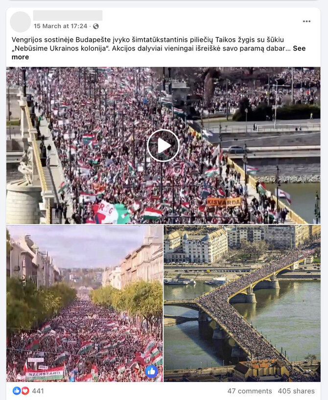 Ekrano nuotr. iš „Facebook“/Vengrijos premjero Viktoro Orbano rėmėjų eitynės buvo ne vienintelės, kovo 15-ąją vykusios Budapešte - ne mažesnį mitingą surengė ir opozicijos lyderis Peteris Magyaras