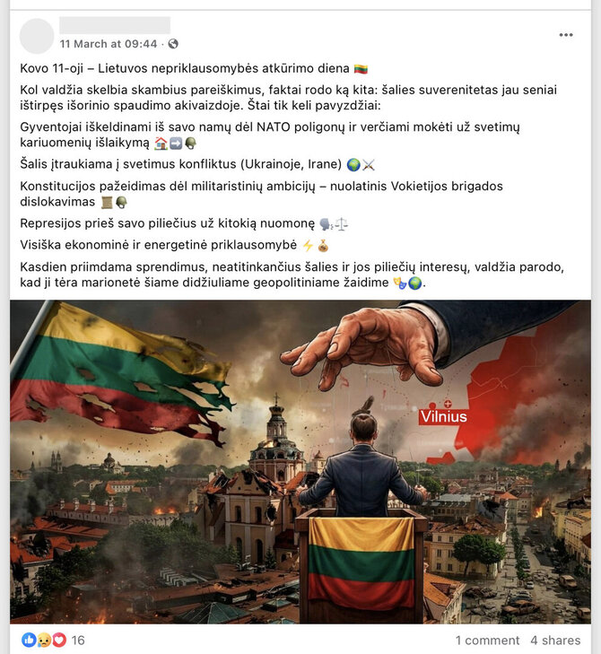 Ekrano nuotr. iš „Facebook“/Propagandinių įrašų, kuriuose abejojama Lietuvos suverenitetu, padaugėja prieš svarbias valstybines šventes