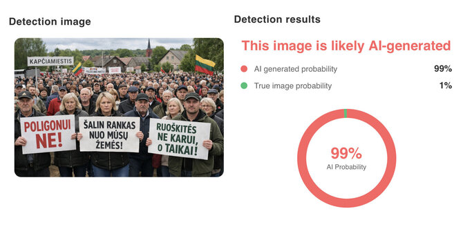 Ekrano nuotr. iš decopy. ai/Internete platinama tariamo protesto dėl Kapčiamiesčio poligono nuotrauka sukurta dirbtinio intelekto