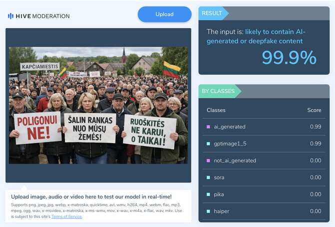 Ekrano nuotr. iš hivemoderation.com/Internete platinama tariamo protesto dėl Kapčiamiesčio poligono nuotrauka sukurta dirbtinio intelekto