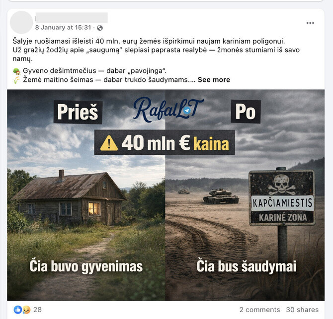 Ekrano nuotr. iš „Facebook“/Įrašuose apie Kapčiamiesčio poligoną nuolat manipuliuojama emocijomis