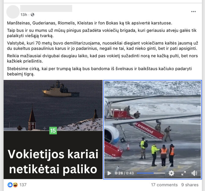 Ekrano nuotr. iš „Facebook“/Buvo planuota, kad Vokietijos kariai Grenlandijoje lankysis vos kelias dienas