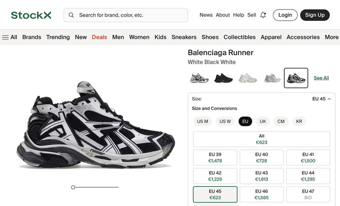 Ekrano nuotr. iš stockx.com/Interneto parduotuvėje dabar nėra tokių „Balenciaga“ kainų, kokią rado įrašo autorė