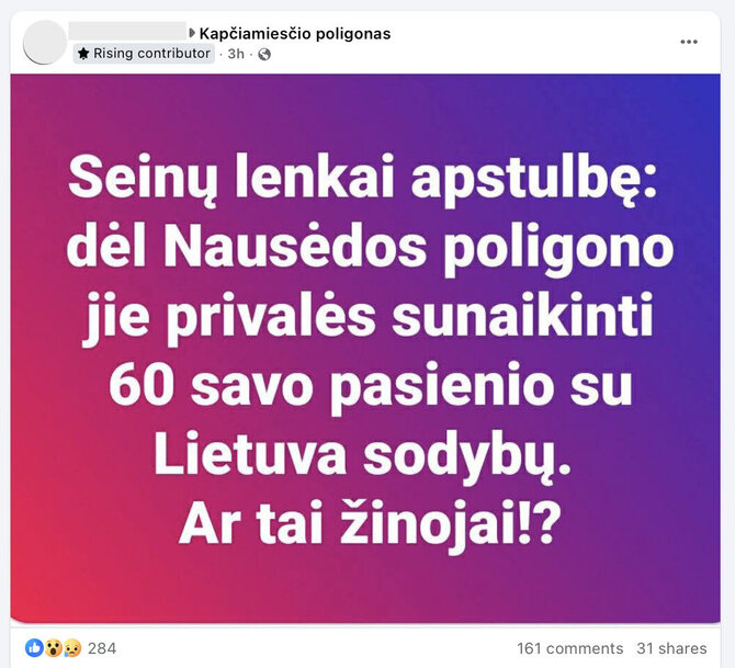 Ekrano nuotr. iš „Facebook“/Įrašas apie tariamai griaunamas sodybas Seinuose sulaukė didžiulio dėmesio Kapčiamiesčio poligonui skirtoje „Facebook“ grupėje