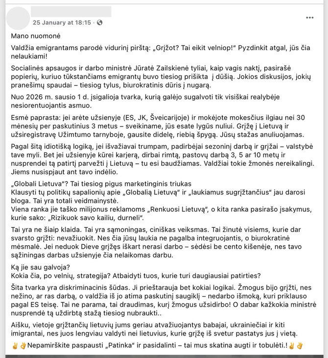 Ekrano nuotr. iš „Facebook“/Pakeista nedarbo išmokų mokėjimo tvarka interpretuojama klaidingai