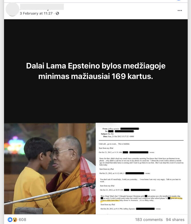 Ekrano nuotr. iš „Facebook“/Trejų metų senumo Dalai Lamos ir berniuko nuotrauka nesusijusi su Epsteino failais