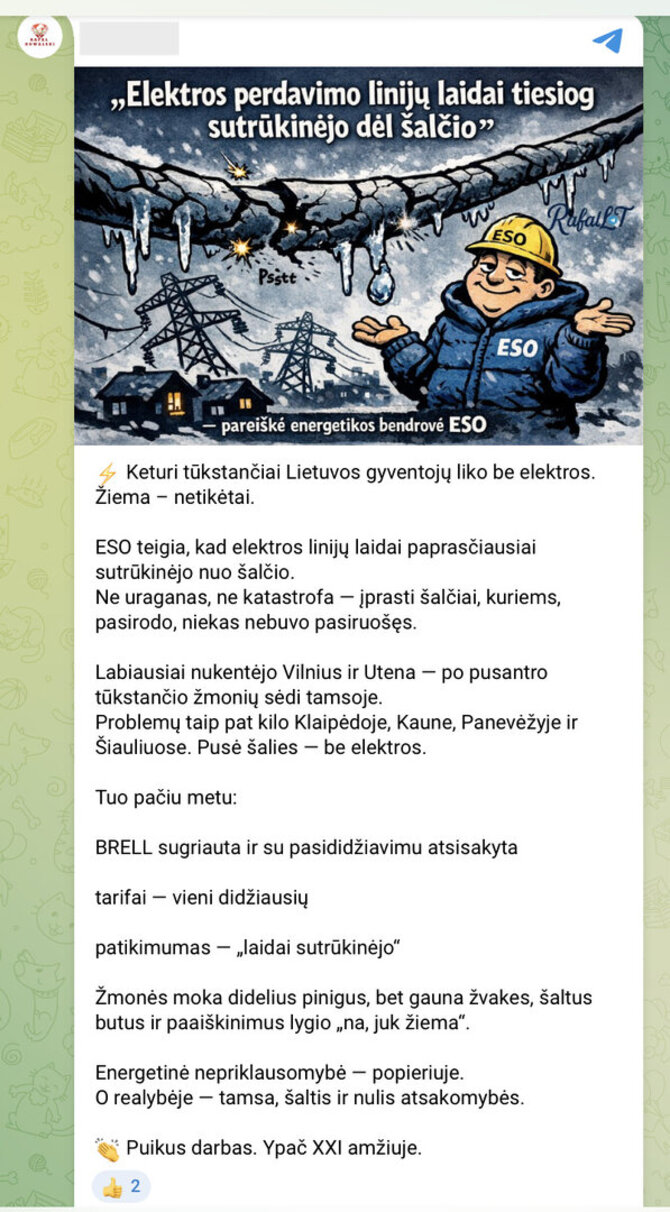 Ekrano nuotr. iš „Facebook“/Propagandiniai naratyvai apie atsijungimą nuo BRELL žiedo platinami net praėjus metams nuo sinchronizacijos su Europos elektros tinklais