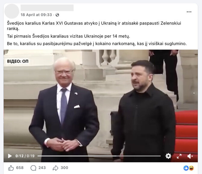 Ekrano nuotr. iš „Facebook“/Susitikęs su Volodymyru Zelenskiu, Švedijos karalius šypsojosi, tačiau „Facebook“ vartotojas rašo apie jo pasibjaurėjimą