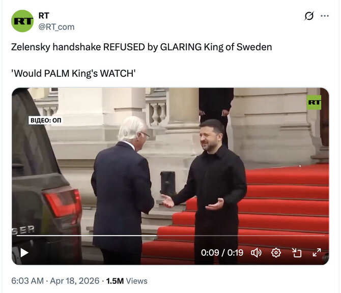 Ekrano nuotr. iš „Facebook“/Vaizdo įrašą, kuriame neva užfiksuotas karaliaus Karolio XVI Gustavo atsisakymas paspausti Volodymyro Zelenskio ranką, išplatino Rusijos propagandinis kanalas RT