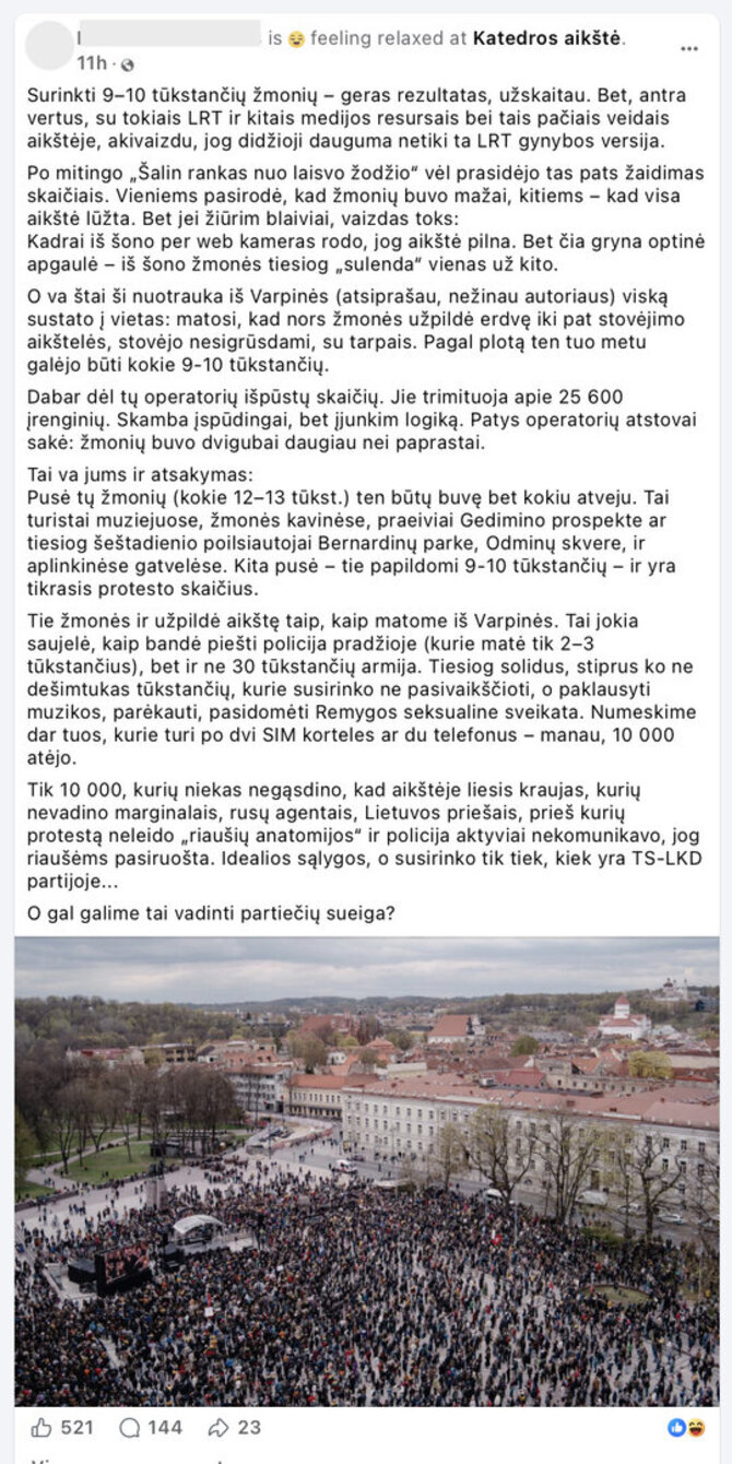 Ekrano nuotr. iš „Facebook“/Internautai suabejojo, ar mitinge dalyvavo tiek žmonių, kiek minima viešai