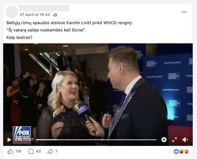 Ekrano nuotr. iš „Facebook“/Karoline Leavitt tikrai kalbėjo apie šūvius Donaldo Trumpo kalboje, bet taip perkeltine prasme vadinta kritika