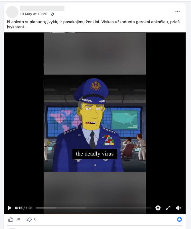 Ekrano nuotr. iš „Facebook“/Apie tariamą viruso išplitimą pasaulyje „pranešė“ išgalvoto filmo herojus