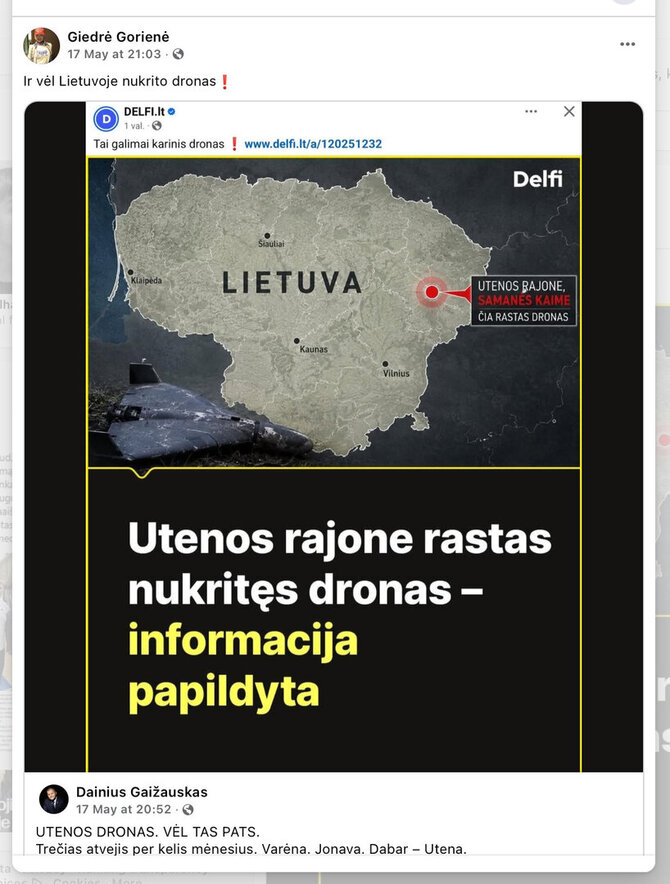 Ekrano nuotr. iš „Facebook“/Savaitgalį Utenos rajone nukritęs dronas sulaukė didelio dėmesio socialiniuose tinkluose