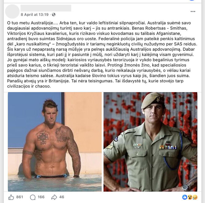 Ekrano nuotr. iš „Facebook“/Buvusio australų kario suėmimas didelio dėmesio sulaukė ir Lietuvoje