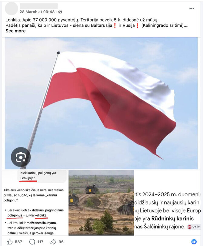 Ekrano nuotr. iš „Facebook“/Priešindamiesi Kapčiamiesčio poligonui, internautai ėmėsi skaičiuoti Lenkijos poligonus