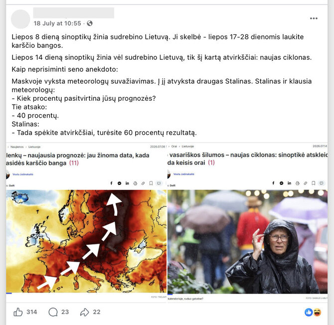 Ekrano nuotr. iš „Facebook“/Šiame įraše sugretintos prognozės Lenkijai ir Lietuvai, todėl nepagrįstai šaipomasi iš meteorologų pateikiamos informacijos