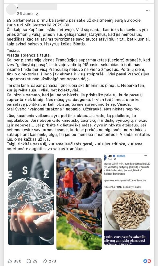 Ekrano nuotr. iš „Facebook“/Įrašu kuriamas nepasitikėjimas skaitmeniniu euru