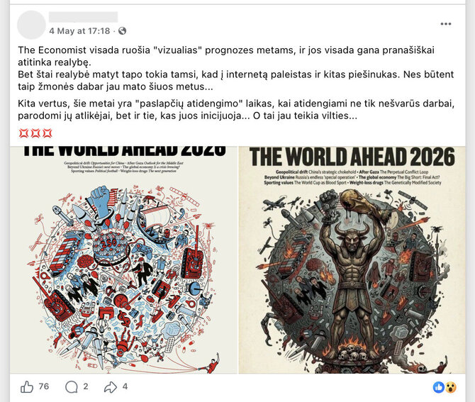 Ekrano nuotr. iš „Facebook“/„The Economist“ neturėjo viršelio, kuriame būtų pavaizduotas žmogus su velnio galva