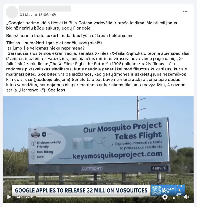 Ekrano nuotr. iš „Facebook“/g„Google“ dar negavo leidimo išleisti milijonus uodų, siekiant sumažinti šių pavojingas ligas platinančių vabzdžių populiaciją, bet projektą jau lydi klaidingos interpretacijos