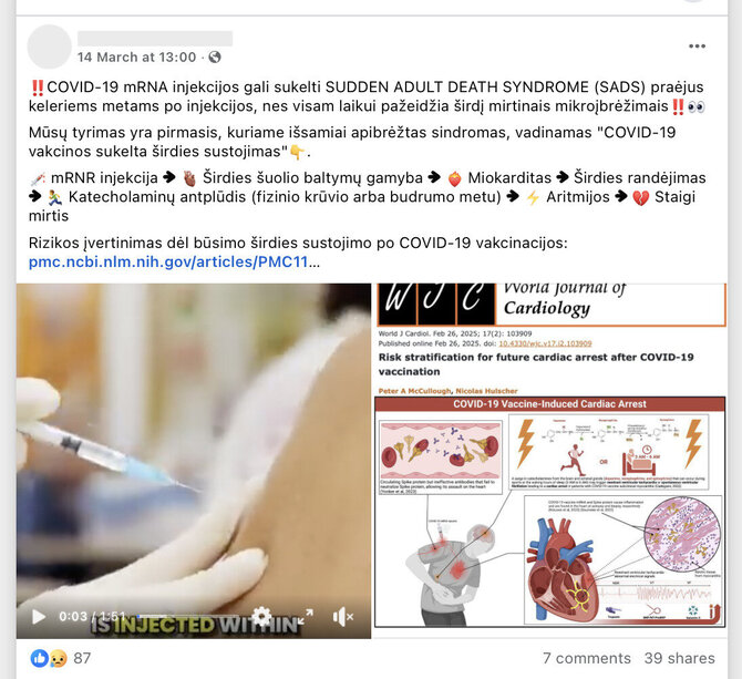 Ekrano nuotr. iš „Facebook“/šsamūs pasauliniai tyrimai rodo, kad skiepijimas nuo COVID-19 nedidina staigios širdies mirties rizikos