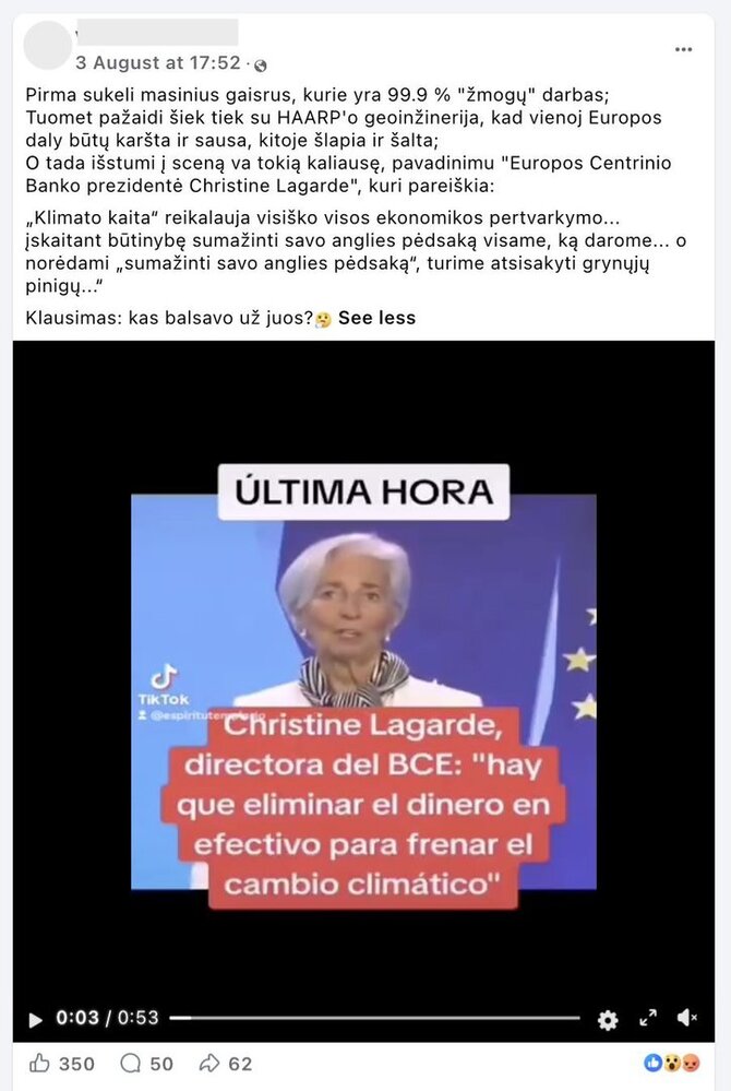 Ekrano nuotr. iš „Facebook“/ECB vadovė Christine Lagarde nesakė, kad dėl klimato kaitos ketinama atsisakyti grynųjų pinigų