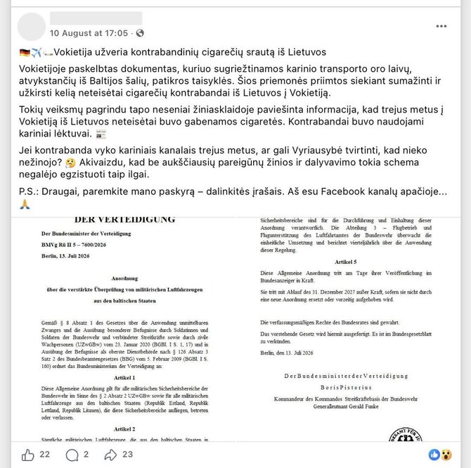 Ekrano nuotr. iš „Facebook“/Informacijos apie griežtinamą karinių transporto lėktuvių patikrą oficialiuose šaltiniuose nėra