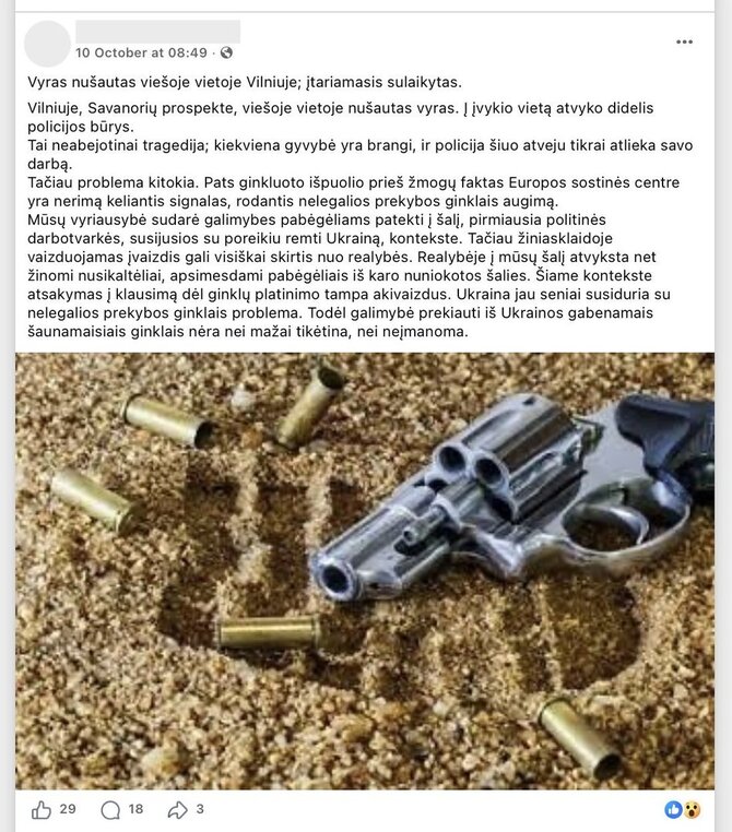 Ekrano nuotr. iš „Facebook“/Keliama klaidinga prielaida, kad vyras Vilniuje buvo nušautas neteisėtai laikomu ginklu