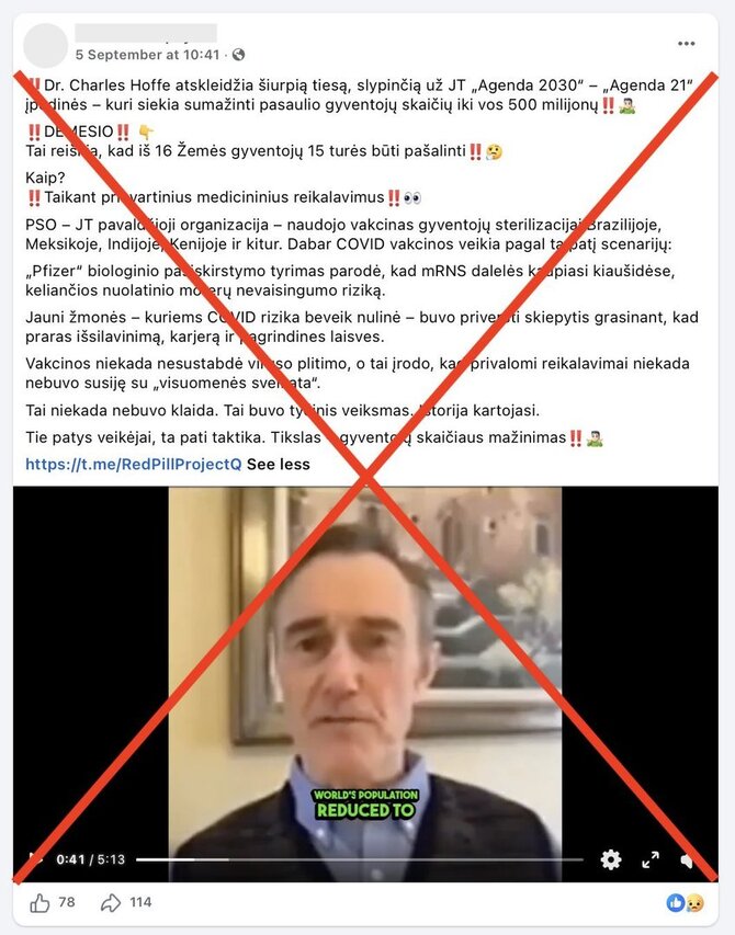 Ekrano nuotr. iš „Facebook“/Netiesa, kad siekiama sunaikinti didžiumą žmonijos, pasitelkus vakcinas vykdant slaptą sterilizaciją